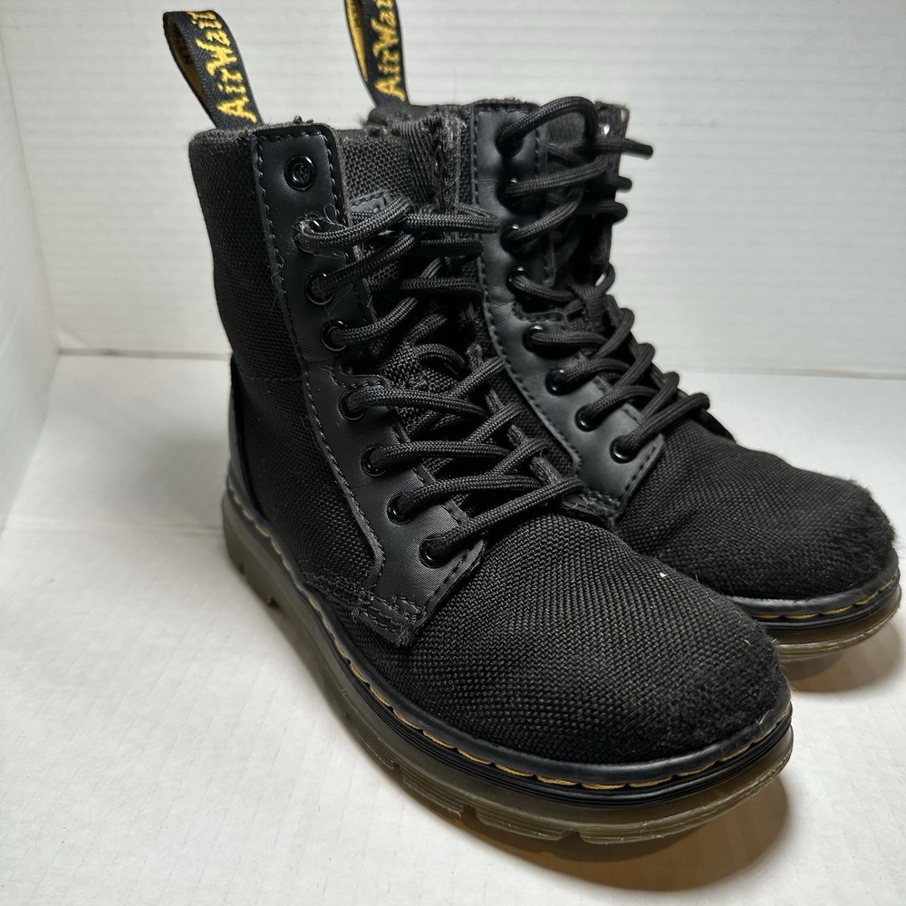 Dr. Martens Doc Combs J Youth Kids Combat Lace Up Black Canvas Zip Up Boots Sz12